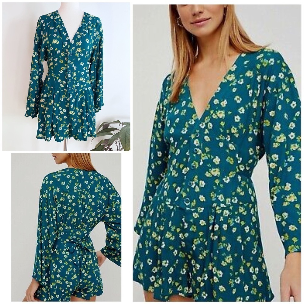EUC Free People L’Amour Floral Flowers Boho Cottagecore Green Teal Blue Romper 6